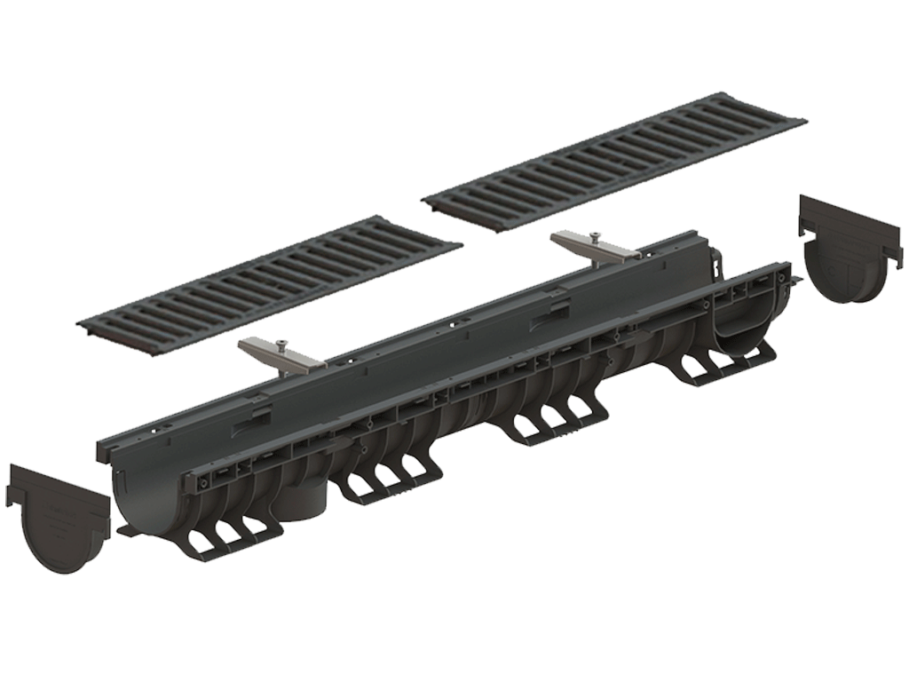 Лоток водоотводный пластиковый BASE DN100 H120 с решеткой чугунной щелевой класс нагрузки C250